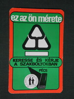 Kártyanaptár, Dél dunántúl textil ruházati vállalat, Pécs, ruha méret tábla,1978 ,  (1)