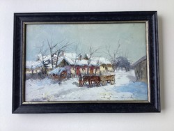 György Németh (1888-1962), winter village scene with a horse.