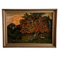 Twilight with dogs, deer, bear oil painting, large size