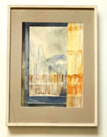 In a window, landscape from a window, watercolor, glazed wooden frame