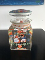 Nagyméretű kézi festésű üveg tároló edény, festett üveg süteményes doboz, üveg fedővel (200)