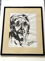 Male portrait, ink drawing, in a glazed wooden frame