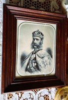 King Ferenc József in coronation decoration Hungarian holy crown contemporary sharp lithograph + frame