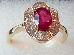 Ruby gemstone silver ring with white topaz, gold-plated!