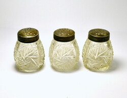 3 glass salt shakers with silver caps