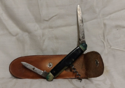 Vintage old three-function knife, in original leather sheath