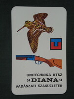 Kártyanaptár,Unitechnika,sport,vadász,horgászbolt,Budapest,grafikai rajzos,puska,madár,1972 ,  (1)