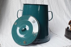 Old large ~ 10 liter enameled grease pail, pail, dark turquoise green, 37 x 34.5 cm + handles