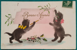 Antik grafikus "Cicás" újévi képeslap, futott