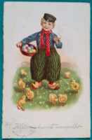 Antik húsvéti jókívánság képeslap "Kisfiú, húsvéti tojás, csirke, futott, 1930