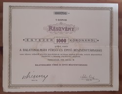 Balatonalmádi Fürdő és Építő Rt., részvény, 1000 korona 1924