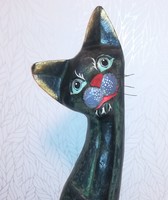 Cica rajongóknak, 80 cm magas kézzel készített/festett egyedi faragású gondolkodó macska