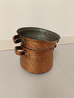 Antique Arabic kitchen tool tinned red copper pot and strainer with engraved punctuated decoration 257 8051