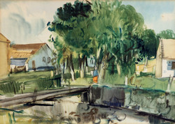 Sándor Szalóky (1921-1978) streamside landscape 50x65cm | landscape village street view