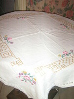 Beautiful hand embroidered azure vintage rosy floral pattern tablecloth