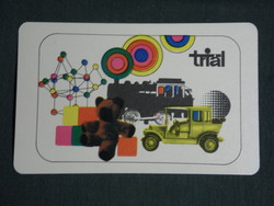Card calendar, trial, sports, toy musical instrument store, Budapest, graphic, cartoon, car, steam locomotive, 1970, (1)