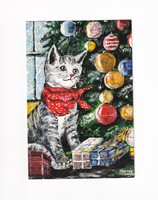 T:13 Christmas card with a kitten, post clean, can be opened