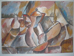József Bánfi 1936, still life on a table. Cubist, abstract painting.