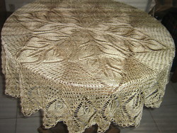 Beautiful golden yellow hand crocheted filigree round lace tablecloth