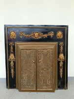 Antique classicist engraved copper stove with door, fireplace frame with applique decoration 441 8127