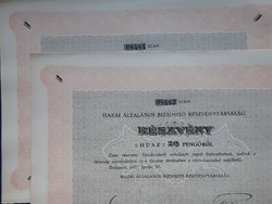 Hazai Általános Biztosító Rt., 2 sorszámkövető részvény, 2 x 20 pengő 1927.