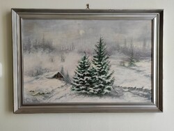 éva Klausz mysterious full moon snowy winter landscape oil in wood grain silver frame