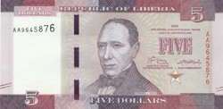 Libéria 5 dollár, 2016, UNC bankjegy