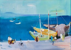 Áron nagy lajos (1913 - 1987) harbor shore c. Your painting with an original guarantee!