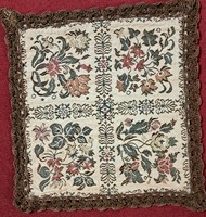 Old small tapestry tablecloth in display case (l4241)