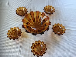 Amber-colored old glass compote set 5+1 pcs (204)