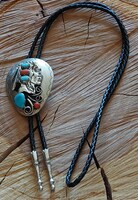Special large Indian metal pendant, tie on leather chain, adjustable length