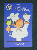 Card calendar, cooperative restaurant, graphic, humorous, cook, 1969, (1)