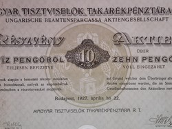 Magyar Tisztviselők Takarékpénztára Rt., részvény 10 pengő 1927.