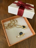 14K gold earrings, necklace with sapphire, set - 9.08g