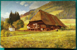 Művész képeslap -  Heinrich Hoffmann: Fekete-erdő sorozat, Nr. 7. - erdő, ház, futott