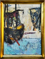 László Bod's (1920 - 2001) harbor c. Gallery painting with original guarantee!