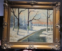 Winter stream bank with trees painting