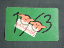 Card calendar, state insurance, backyard insurance, graphic artist, pig, 1963, (1)