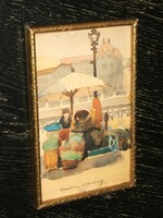KRUSNYÁK KÁROLY akvarell - piaci jelenet - 1911