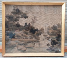 Old needlework, fabric image, landscape