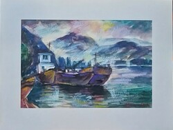 Miklós Simon: barges on the banks of the Danube