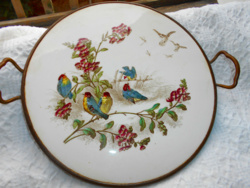 Art Nouveau bird-patterned earthenware inset tray with metal rim, ball feet -