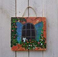Garden window - rustic wood decoration - cat - kitten - flower - children's room wall decoration, gift idea