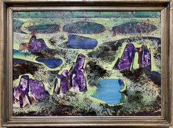 Oil painting entitled Rocky Garden (circa 1970) by József Bakallár (1940-2013) /