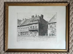 Zichy Kálmán: in the morning on Tárnok Street, glazed etching in a sophisticated frame