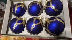 6 pcs 7.5 cm, large, hand-painted, royal blue-gold, glass Christmas tree ornaments, together.