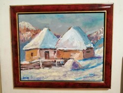 Erdélyi falu, télen, - gyönyörű olajfestmény, "Doór" jelzéssel.