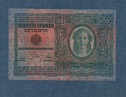 100 Korona 1912 Mind a két oldala Német nyelvű, vékony papirra nyomtatott változat.EF