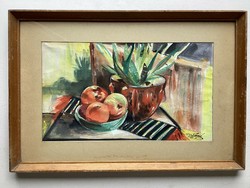 Table still life with apples in a glazed frame.