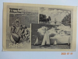 Old, retro postcard: Siofok, Balaton, sailboats, beach (1955)